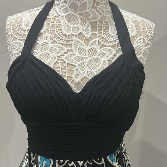 Sangria Halter Top Backless Gathered Waist, Satin Paisley Bottom Cocktail Dress - Picture 3 of 11